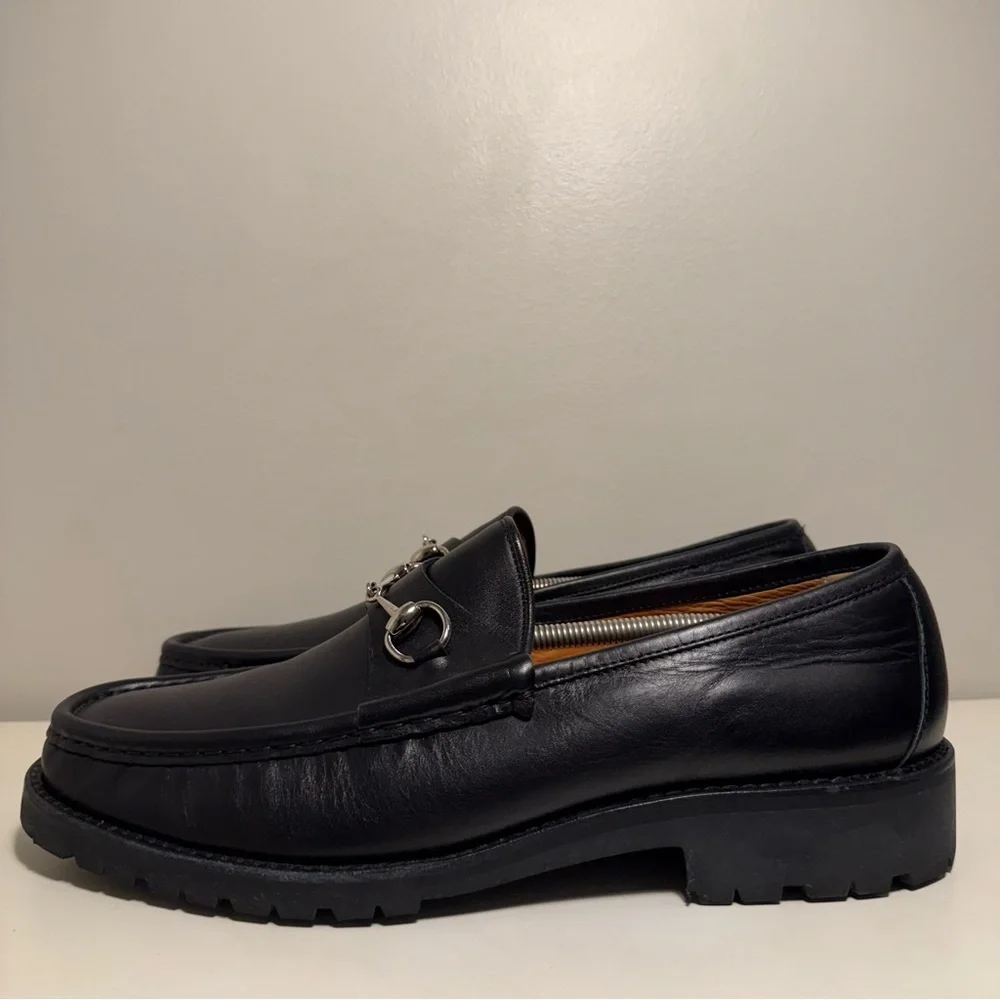 Gucci Horse Bit Lug Sole Black Leather Loafer Men’s Size 12.5 Brass Brown Logo - Picture 3 of 13